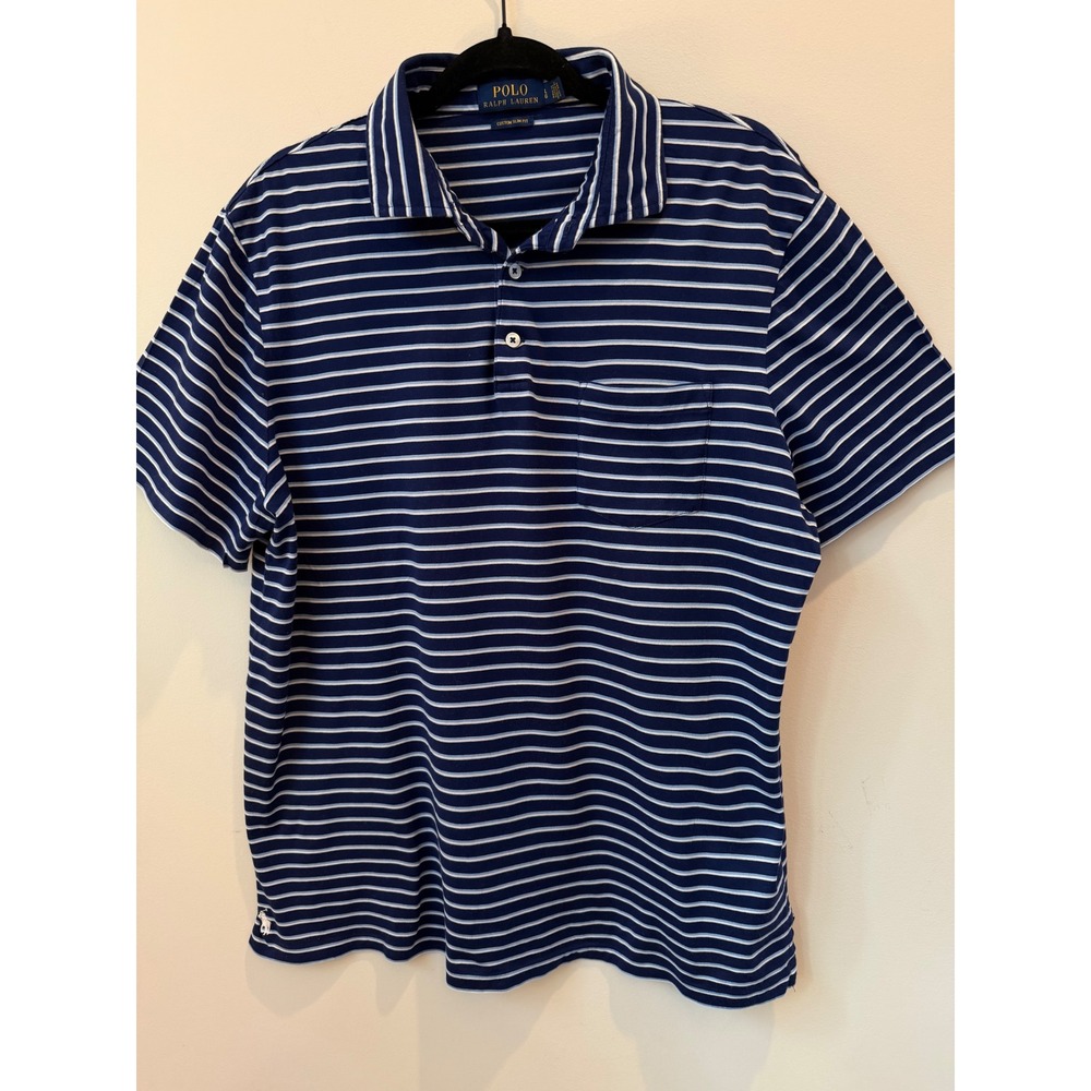 Polo Ralph Lauren Custom Slim Fit Striped Pocket Polo Shirt Men Large Blue White